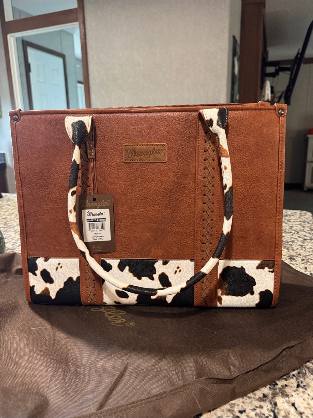 Wrangler Brown Tote with Cowprint Trim